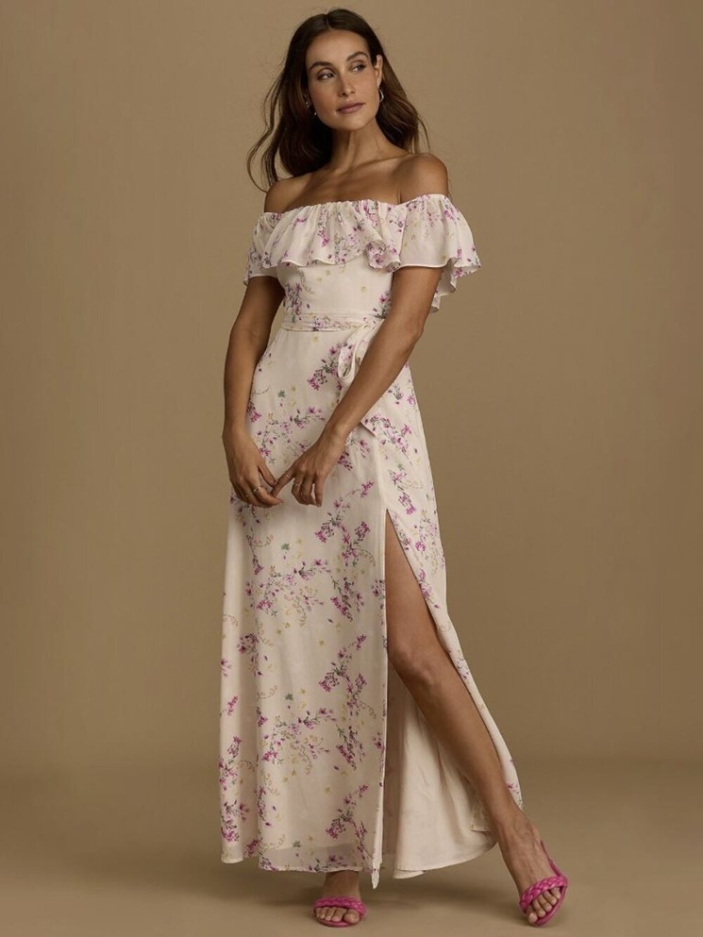 NWT Lulus Amazing Moment Light Pink Floral Print Off-the-Shoulder Dress (size S)
